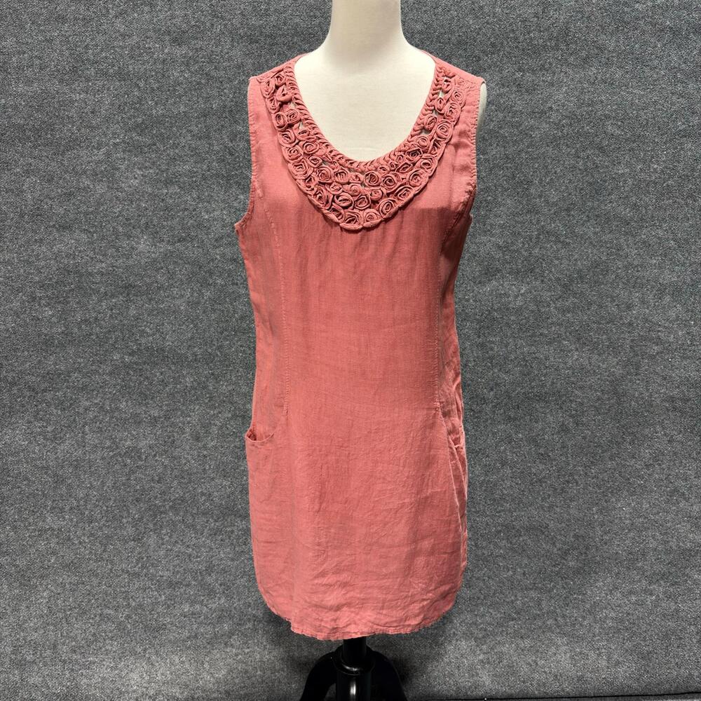 Linen Tank Dress Womens L Pink Scoop Neck Rosette Pockets Casual Short Summer